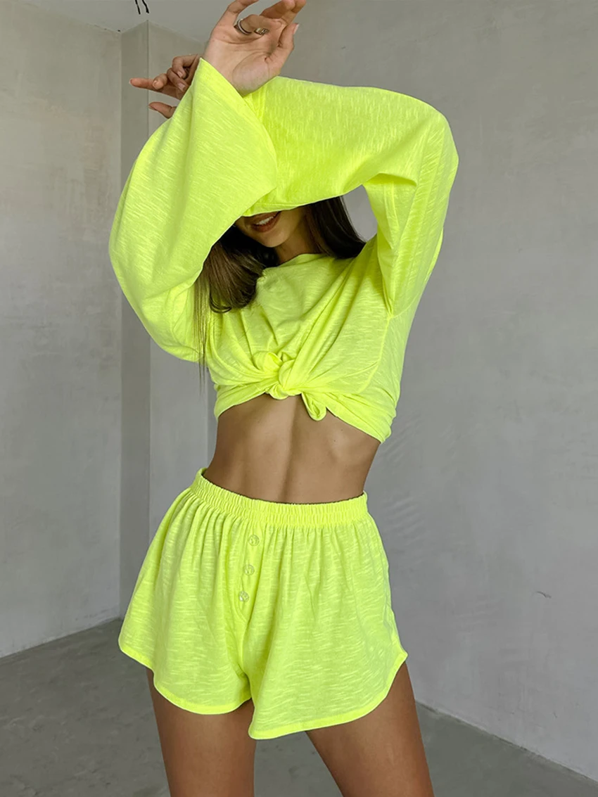 Marthaqiqi Loose Women'S Pajamas Suit O-Neck Sleepwear Long Nightwear Elastic Waist Shorts Casual Ladies Nightgowns 2 Piece Set