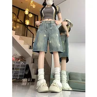 American Style Vintage Women's Short Jeans High Waisted Washed Wide Leg Denim Pants Woman Fashion Do Old Star Knee Length Shorts - Image 2