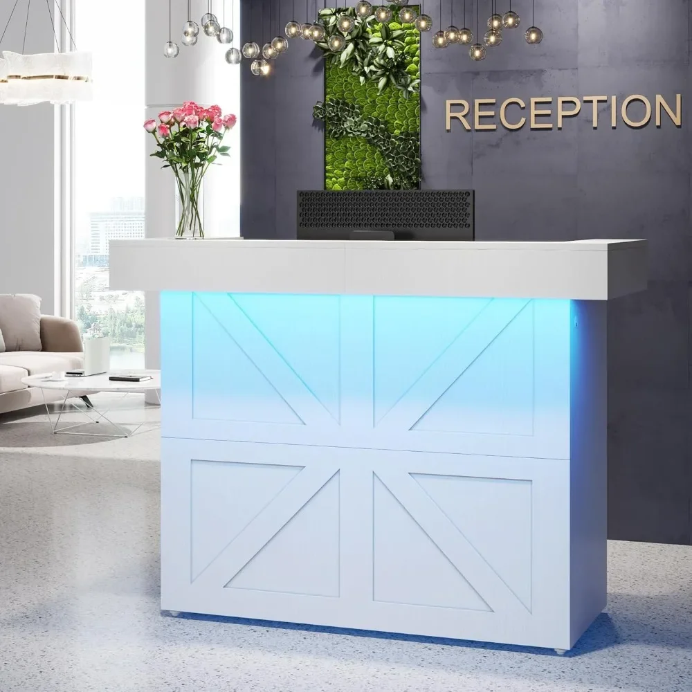 Reception Desk with Light, 55-Inch Front Desk with Cable Grommets, Modern Retail Counter Table for Salon, Lobby, Shop 6