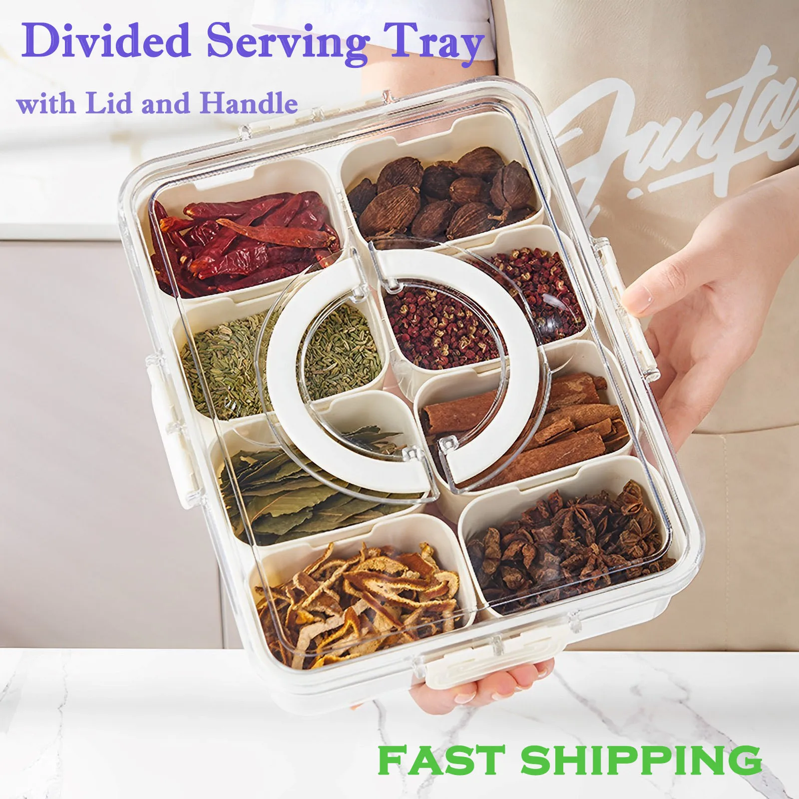 Divided Serving Tray with Lid and Handle Snack Fruit Divided Plate