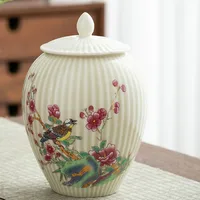 Exquisite Flower and Bird Storage Jar with Lid Ceramic Striped Candy Miscellaneous Grains Sealed Jar Kitchen Storage Container 2