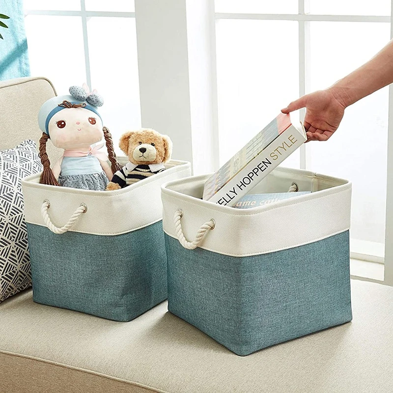 

Cotton Linen Fabric Storage Basket With Handles Shelf Closet Cube Folding Storage Basket Toy Baskets for Kids Home Office