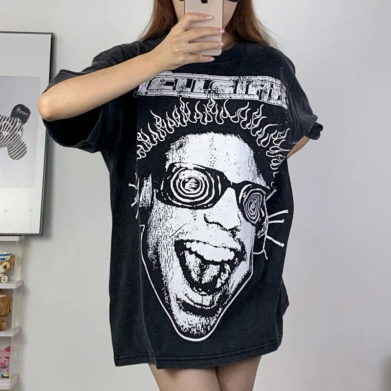 

2023SS Hellstar Vintage Wash T-shirt Black Rap Pop Print Round Neck High Street Cotton Couple Top Short Sleeve