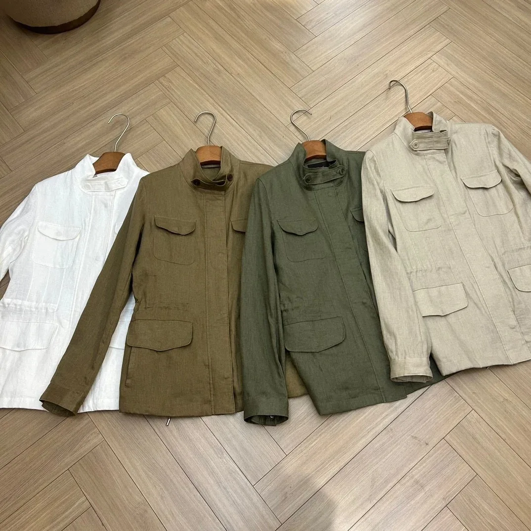 

Spring and Autumn L * P Women's Coat Linen Short Windbreaker Pocket Drawstring Waistband Top Women's Casual Jacket