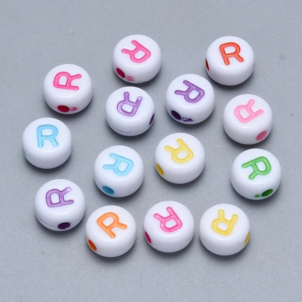 

500g Craft Acrylic Horizontal Hole Letter Beads Flat Round Mixed Color Letter.R 7x3.5~4mm Hole: 1.5mm about 3600pcs/500g