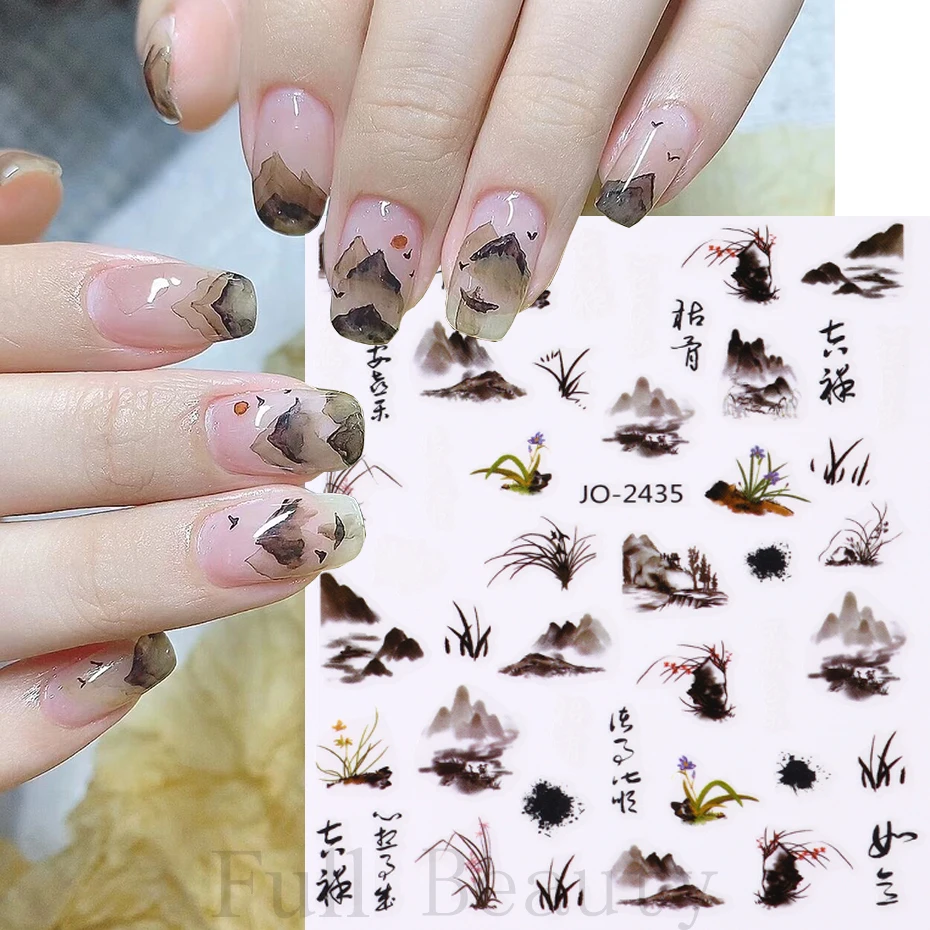 한자 네일 스티커, 추상 미술 단어, 3D 디자인 슬라이더, 페인팅 잉크 꽃, 대나무 데칼 호일 매니큐어 액세서리