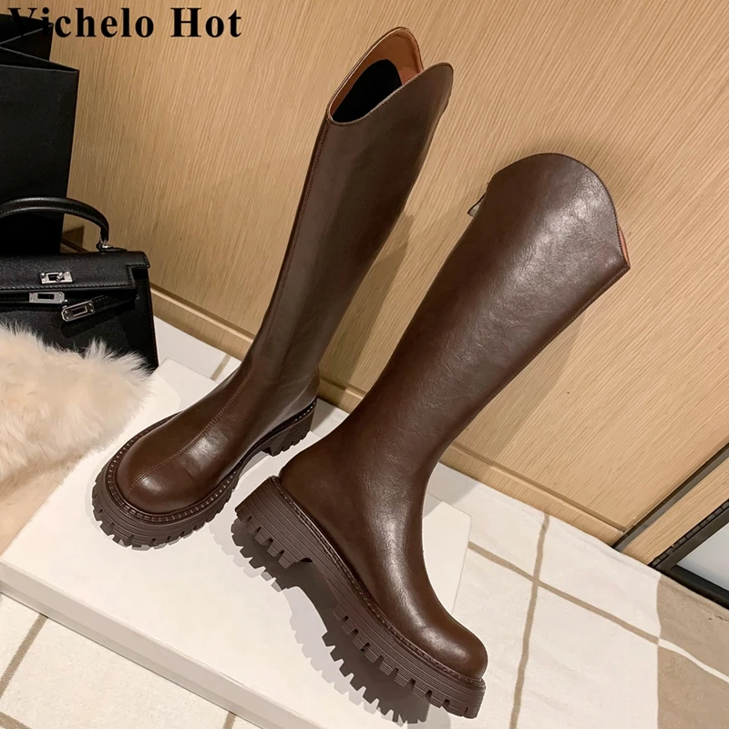 

Vichelo Hot Cow Leather Round Toe Med Heels Riding Long Boots Sewing Thread Platform Cozy Korean Girl Zipper Thigh High Boots