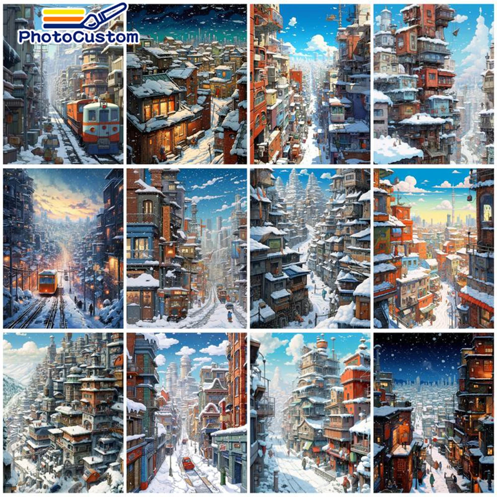 

PhotoCustom Oil Picture By Numbers City Landscape Winter Painting By Number 40x50 Framed On Canvas Home Decor Wall Unique Gift