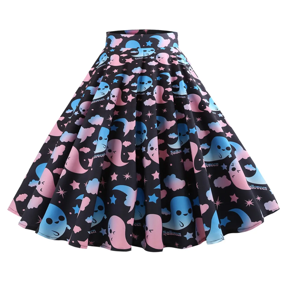 Ghost Bat Print Halloween Midi Skater Skirt Women High Waist Hepburn Vintage Skirts Casual Cotton A-Line Party women's Clothing