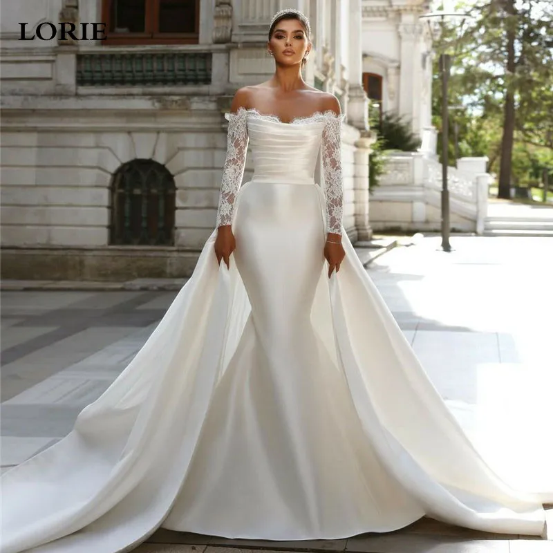 

LORIE Stain Mermaid Wedding Dress With Detachable Train Lace Long Sleeve Bridal Dresses Vestido de novia 2024