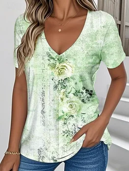 Summer Women's T-Shirts 3D Color Gradient Flower Graphic Print Fashion Casual Short Sleeve V-Neck Tops Tee Loose Female Clothing