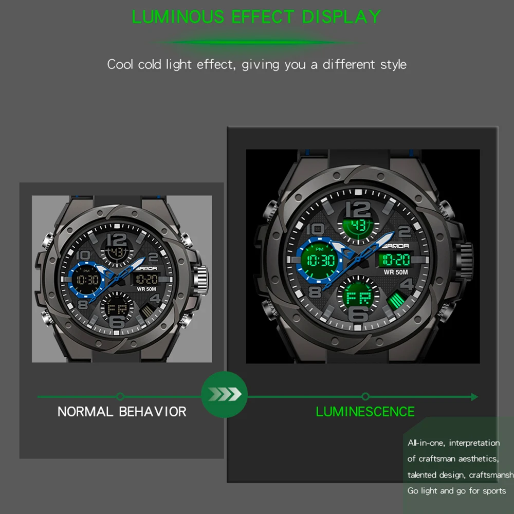 Sanda G Style Men Sports Watches Dual Display Led Digital Electronic Quartz Wristwatches 50m Waterproof Swimming Military Watch, Alina Gadgets