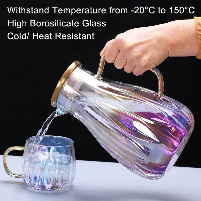 2L Glass Pitcher with Spout and Stainless Steel Filter Lid Heat Resistant Beverage Dispenser Hot Cold Water Keetle for Juice Tea