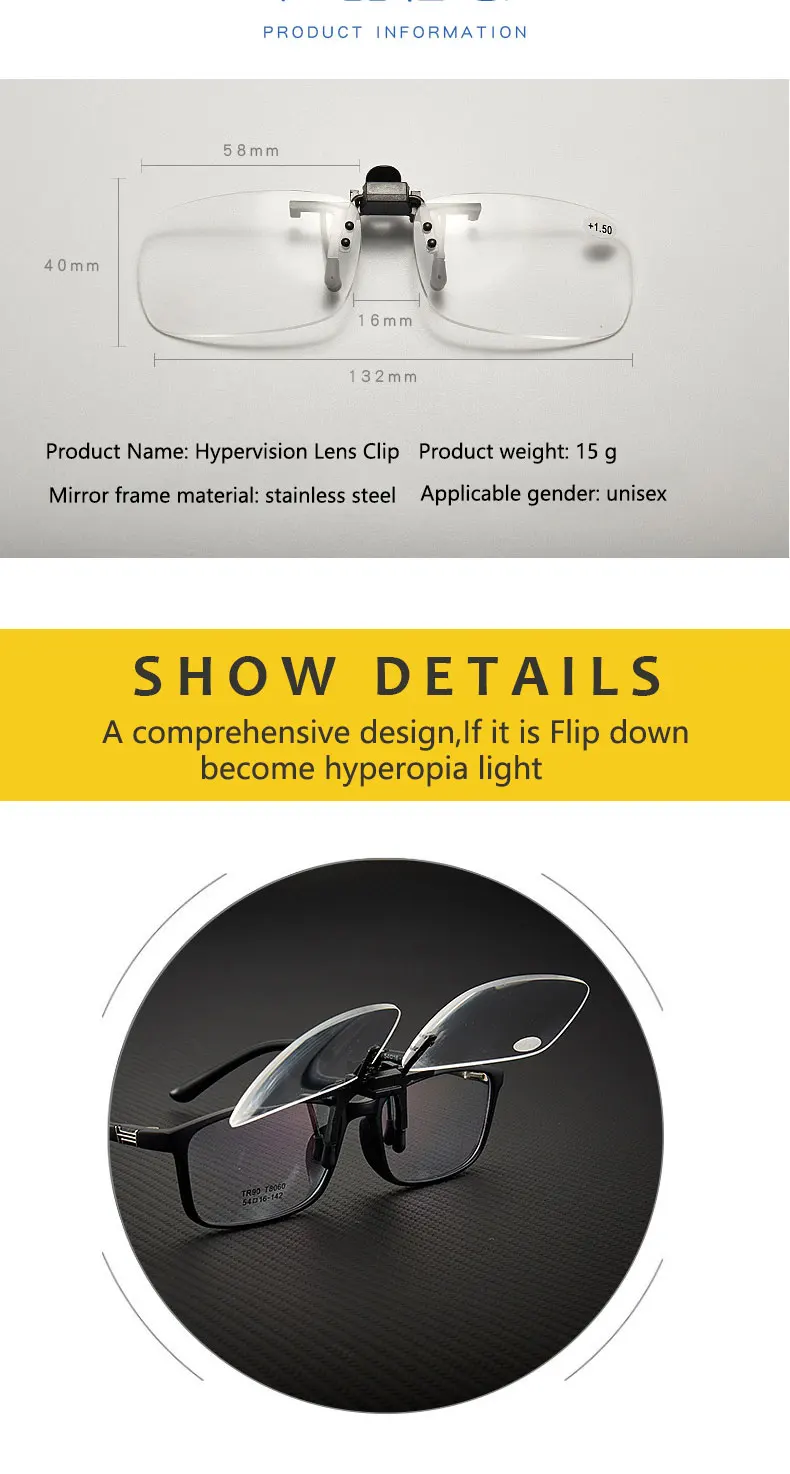BOYSEEN Lesebrille mit Clip +0,5~+3,5 mit Etui, Brillenzubehör für Kurzsichtigkeit, zum Lesen und für Bifokalbrillen – Detail 3