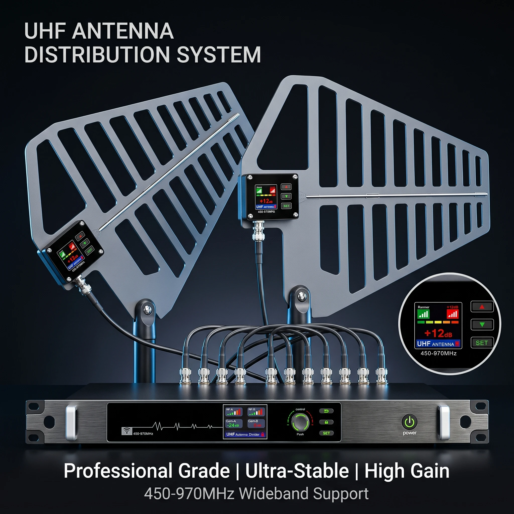 폴킷슨 AT-16pro UHF 안테나 분배 시스템 450-970MHz 무선 마이크 안테나 증폭기 분배기 (스테이지 라이브용)