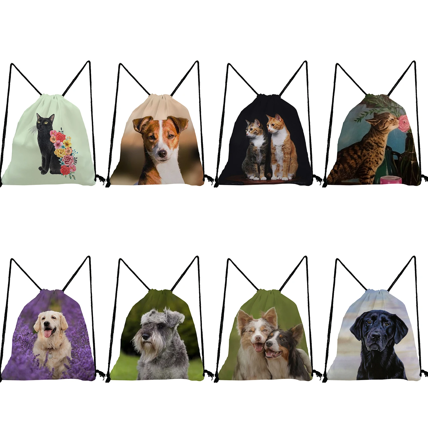 

Drawstring Pocket Portable Shoe Bag to School Storage Softback Bags Unisex Casual Backpack for Women Cute Cat Dog Print Travel