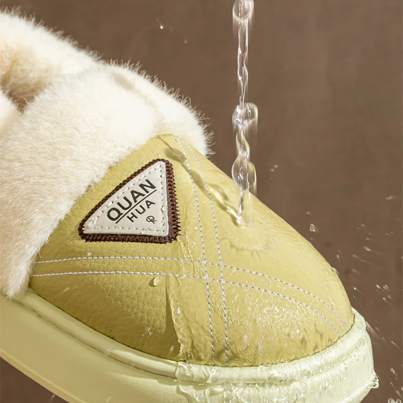 New Waterproof Cotton Slippers Women pu leather non slip winter shoes woman 2025 light thick bottom cotton living room shoes
