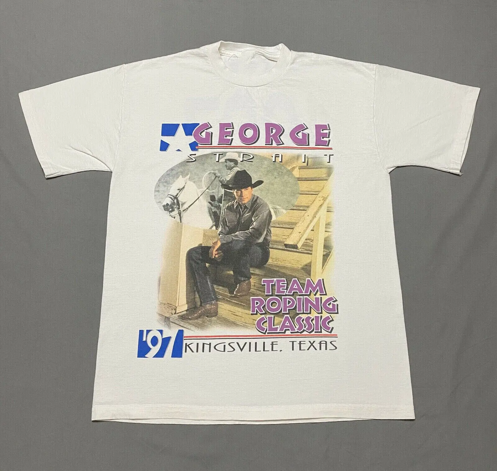 Anni '90 Team Roping Classic George Strait Shirt Uomo Bianco Unisex S-234Xl H074