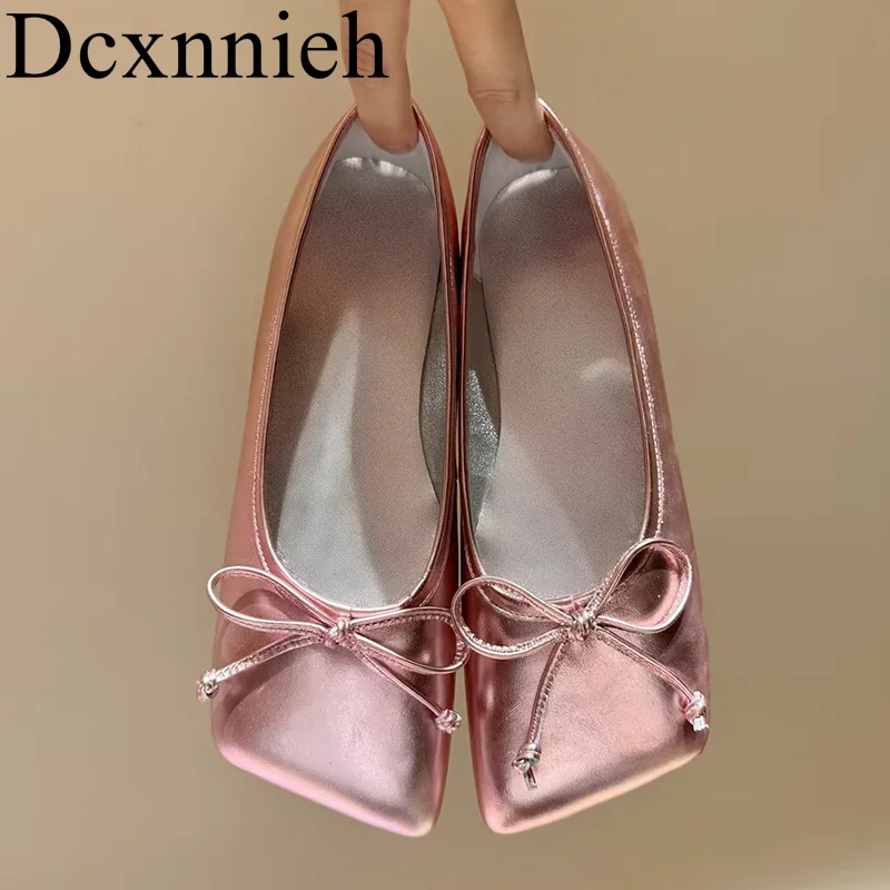 

2024 New square toe genuine leather flat shoes with casual bow decoration Loafers flat bottomed versatile doudoudou shoes women