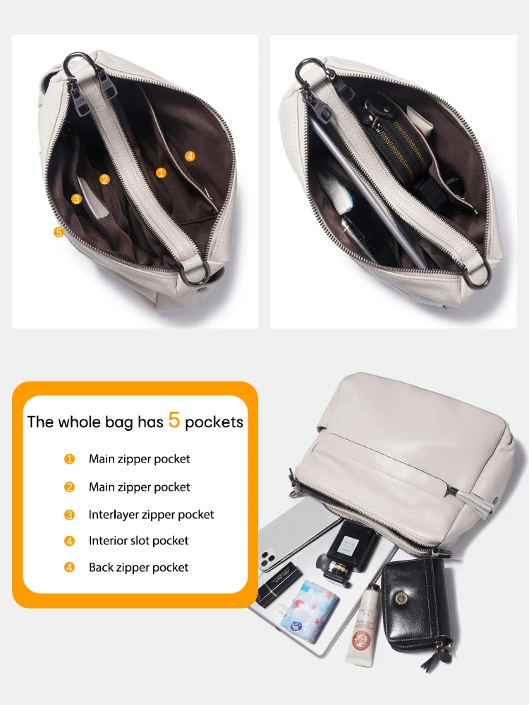 Zency 100% Genuine Leather Soft Women's Shoulder Bag Trendy Designer Handbags Tassel Large Capacity White Hobo Bag Crossbody