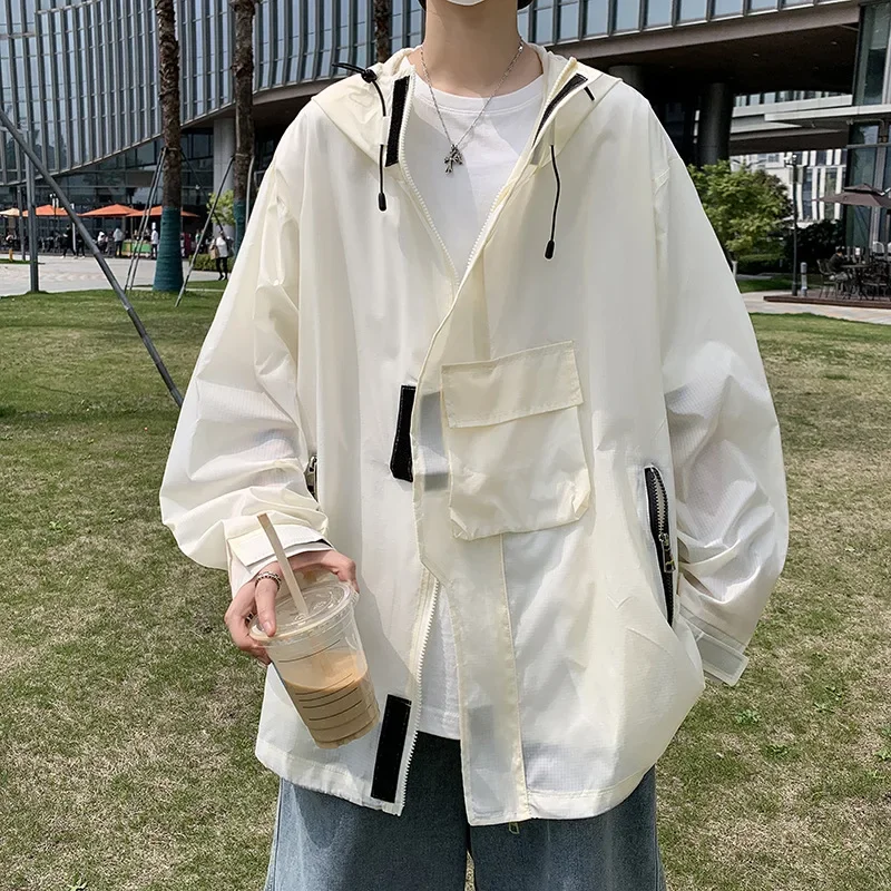 남성용 후드 재킷 가디건, 루즈핏 한국 스타일, 인스타그램 유니크, 다용도 자외선 차단 의류, 트렌디 브랜드, 2023 여름