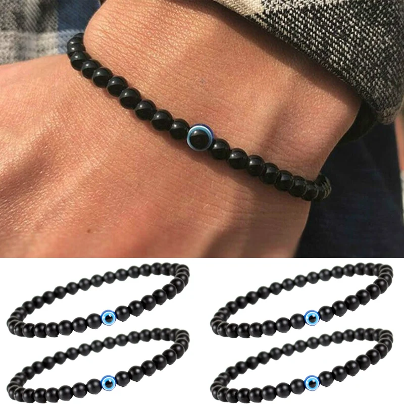 2pcs Turkish Blue Evil Eyes Bracelet Black Natural Stone Beads Obsidian for Women Men Yoga Hand Jewelry Gifts 6mm