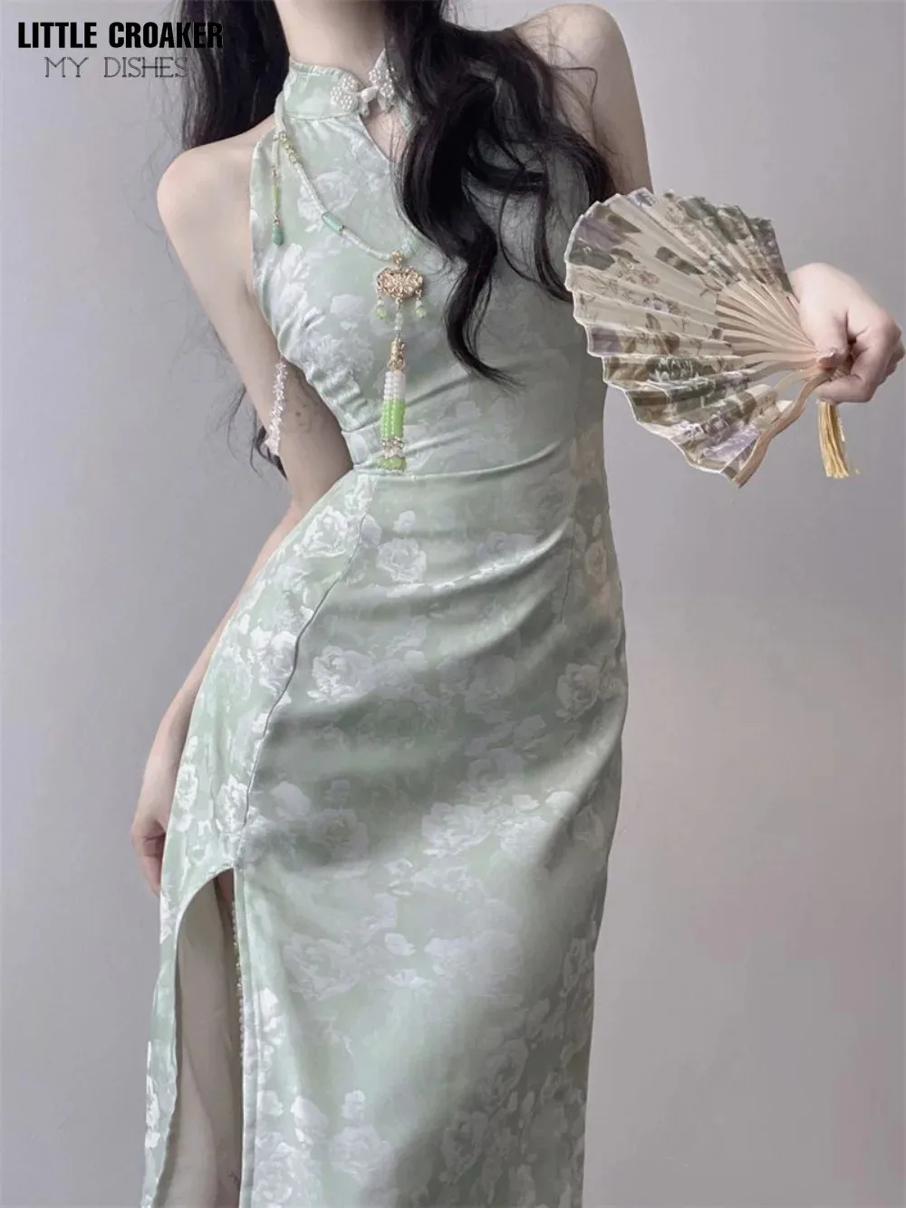 Women New Cheongsam Style Improved Qipao Dress Children's Summer Small Long Print Hanging Neck Off Shoulder Dress