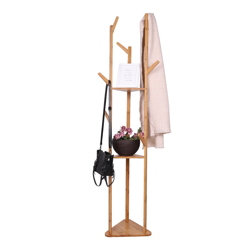 Bamboo Coat Rack Tree Cloth Hanger 9 Hooks 3-Layer Shelf Stand Hallway Living Room for Hat,Clothes,Scarves,Handbags,Umbrella