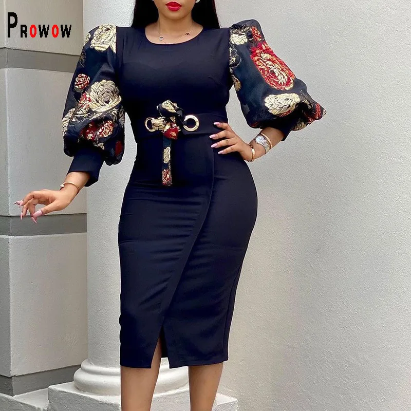 

Prowow Elegant Vintage Women's Midi Dress Puff Sleeve Print Spring Summer Female Clothing O-neck Slim Fit Outfits Vestidos