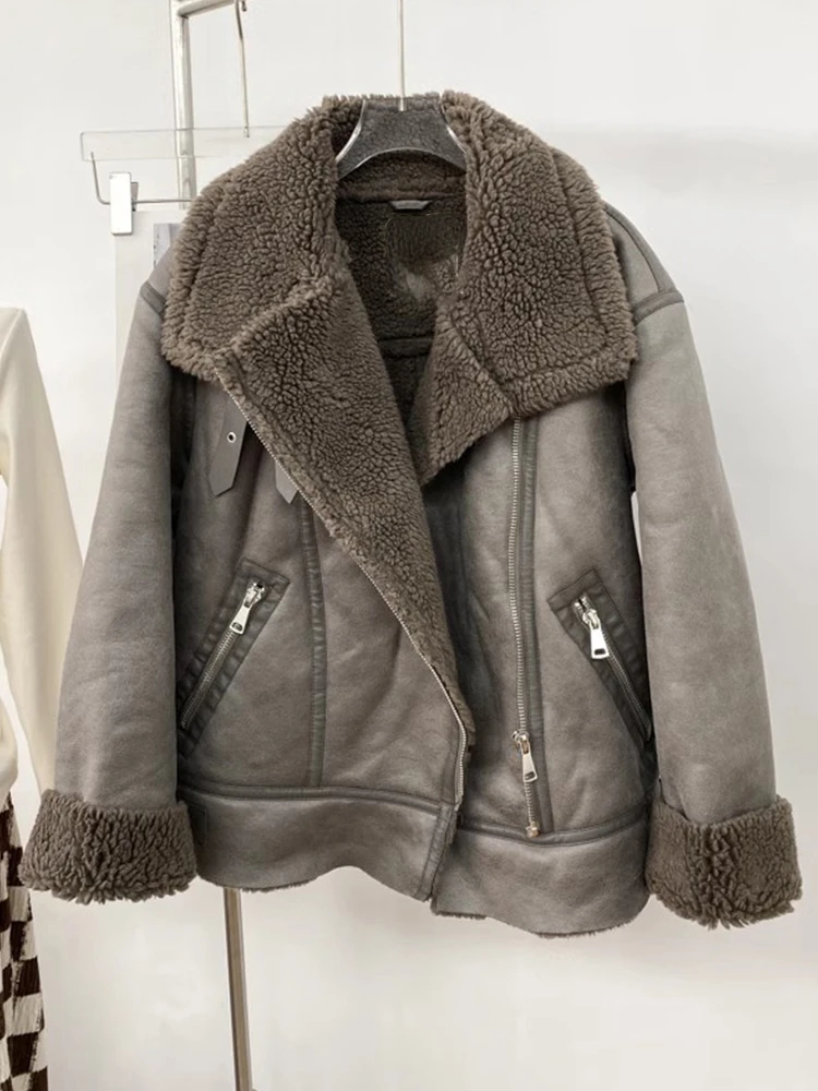 

LY VAREY LIN New Autumn Winter Women Casual Vintage Faux Leather Lamb Fur Jacket Lady Streetwear Thick Warm Moto Biker Pu Coat