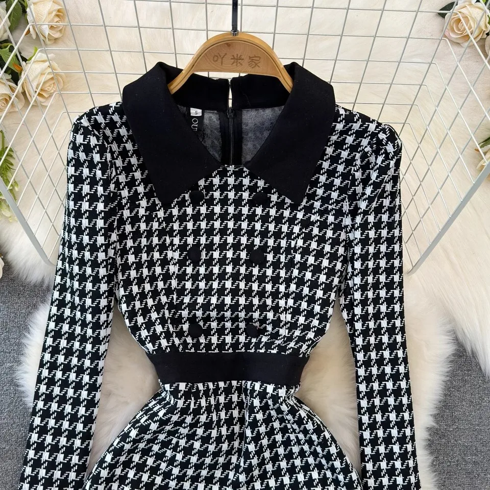 Fashion Black White Checkered Houndstooth Dress Women Long Sleeve Sheash  Pencil Midi Dresses Office Lady Double Breasted - AliExpress 200000345
