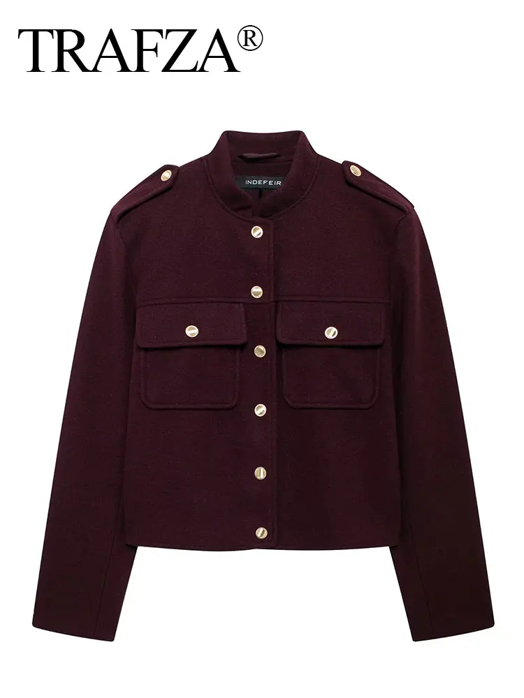 TRAFZA Women Vintage Wine Red Coat O Neck Long Sleeve Single Breasted Jacket With Pockets Autumn Casual Office Lady Outerwear 5