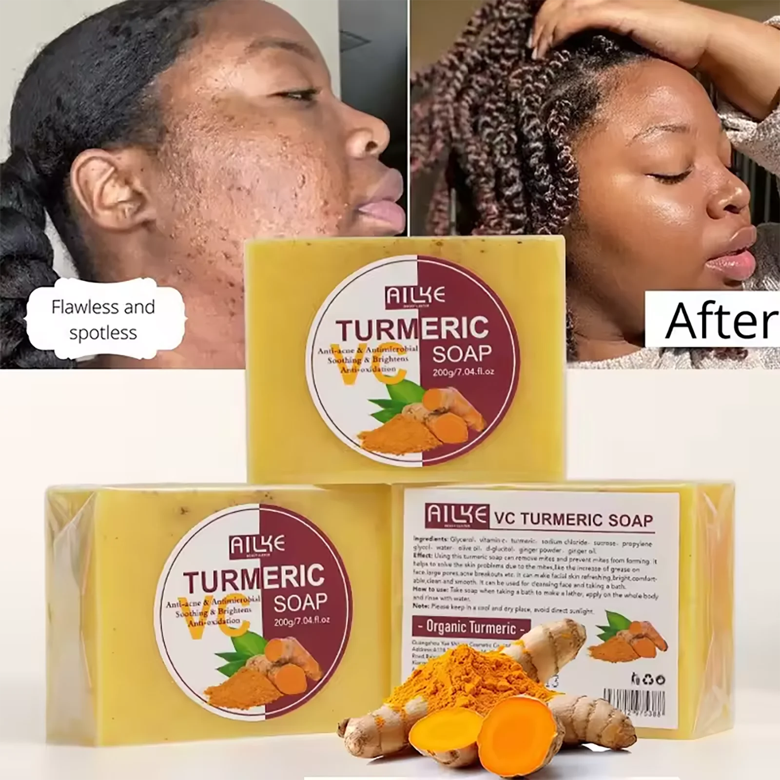 AILKE Natural Turmeric Soap for Face & Body, Whitening, Clean Stains, Even Skin Tone, Remove Acne, Age Spot, Black Spot, 200g