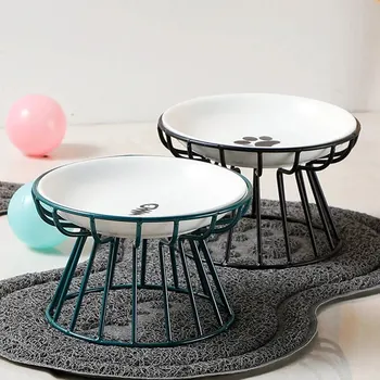 1Set Pet Ceramic Bowl Iron Rack Cat Food Snacks Canned Plate Anti-black Chin Anti-turning Water Does Not Leak Easy To Eat 1