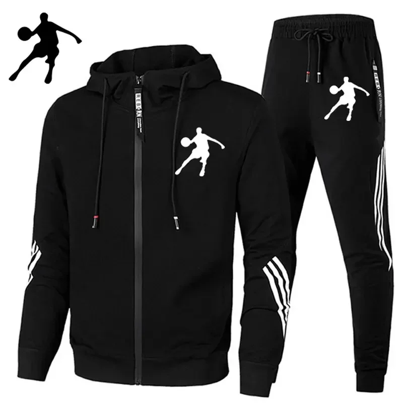 

New men's spring and fall sportswear 2-piece hooded zipper jacket + sweatpants brand clothing jogging fitness wear casual suit