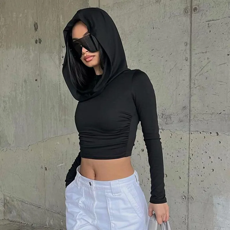 Description Picture 6 of itemWomen's Hooded Crop Tops Autumn Solid Color Long Sleeve Cowl Neck Slim Fit Short T-Shirt Streetwear Sporty Basics Tees