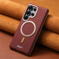 Luxury Leather Magnetic Fiber Texture Phone Case with Wireless Charging and Shockproof Cover - Galaxy S26 Ultra (Red)