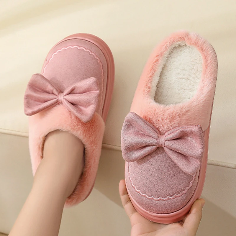 Korean Bow Detor Fluffy Slippers for Women Comfortable Non Slip Soft Sole Cotton Slippers Woman Closed Toe Warm Home Slids Lady