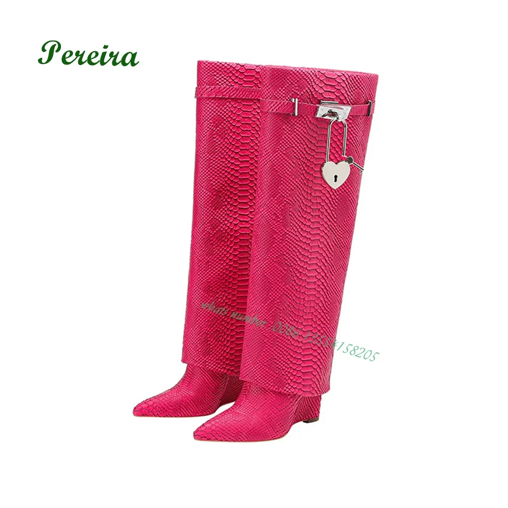 

Padlock Snakeskin Knee High Boots Leather Solid 2022 New Designer Pointed Toe Wedges Belt Buckle Winter Women's Boots Sexy Shoes