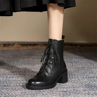 2025 Winter Genuine Leather Women Boots Round Toe Thick Heel Lace Up Fashion Ankle Boots Retro Boots  Platform Shoes Heels Grown - Image 3