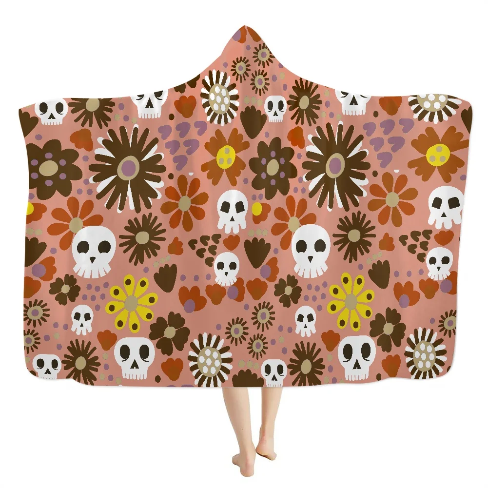 

Large Knit Coral Fleece Sofa Blanket Custom Cute Cartoon Skull and Flowers Oversized Hoodie Blanket Decorative Bed Blankets