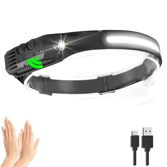 Headlamp COB LED Flashlight USB Rechargeable Light with Sensor