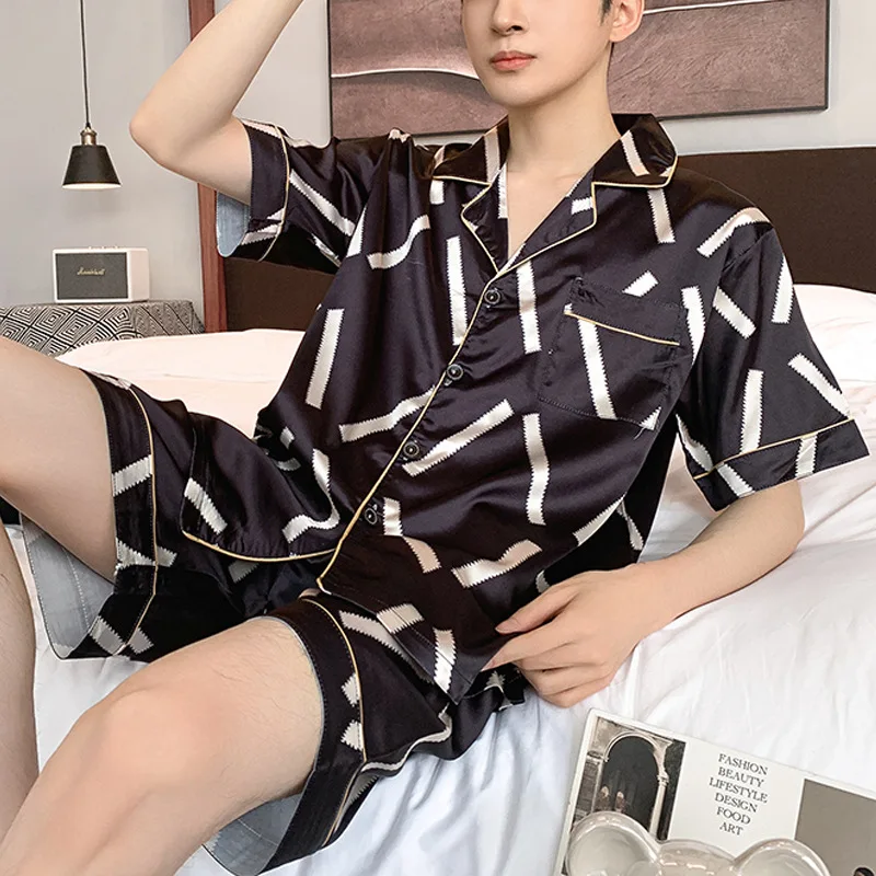 Men's Summer Thin Ice Silk Pajamas Lapel Short Sleeve Cardigan Shorts Two Piece Set Casual Loose Comfortable Home Clothing