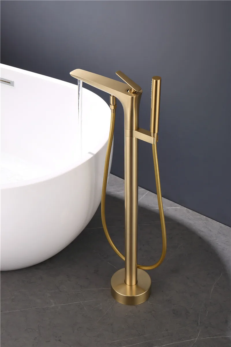 

Champagne Gold Finish Floor Mounted Bathtub Faucet Sprayer Brushed Freestanding Tub Filter Tap Mixer 00B