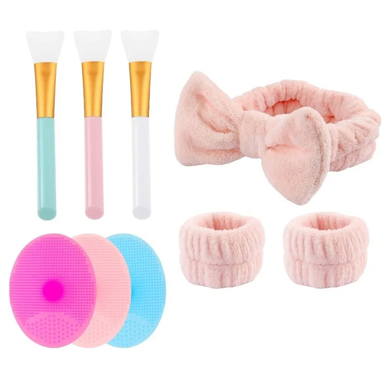 3Pcs Facial Headbands Wrist band with 3 Mask Brushes 3Mini Silicone Face Brushes Yoga Spa Bath Shower Make Up Skin Care Tools