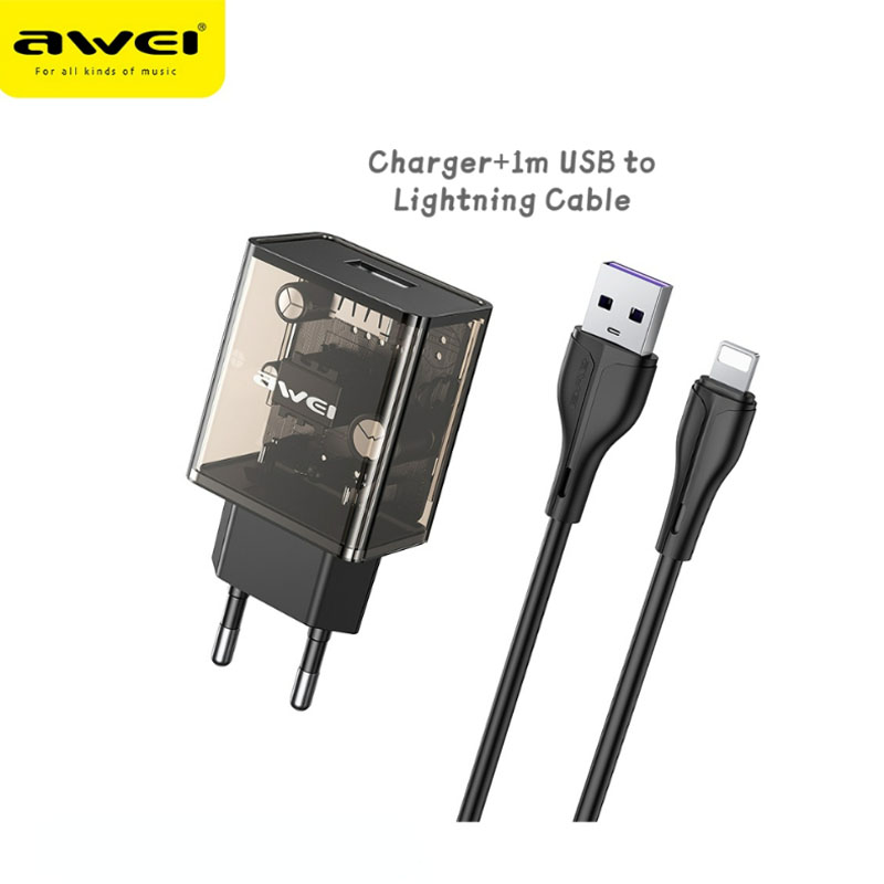 Awei Transparent Charger C9 Portable Fast Charger With 1M Data Cable For iPhone Xiaomi Charger 2.4A Mini Travel Charge Adapter