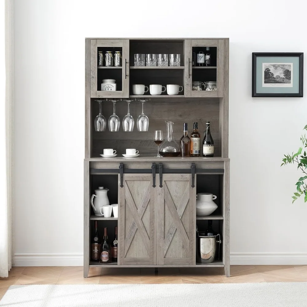 Farmhouse Coffee Bar Cabinet with Sliding Barn Door, 70" Tall Buffet Cabinet with Storage Shelves, Liquor Wine