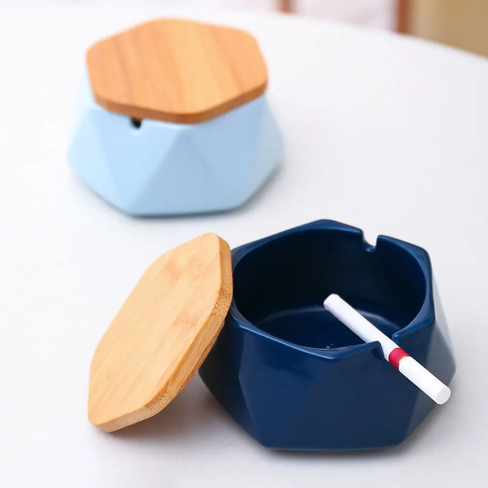 Modern Ceramics Ashtrays With Bamboo-Lid Portable Ashtrays Tray Home Decorative Desktop Ashtrays Mini Trash Can For Cigarettes