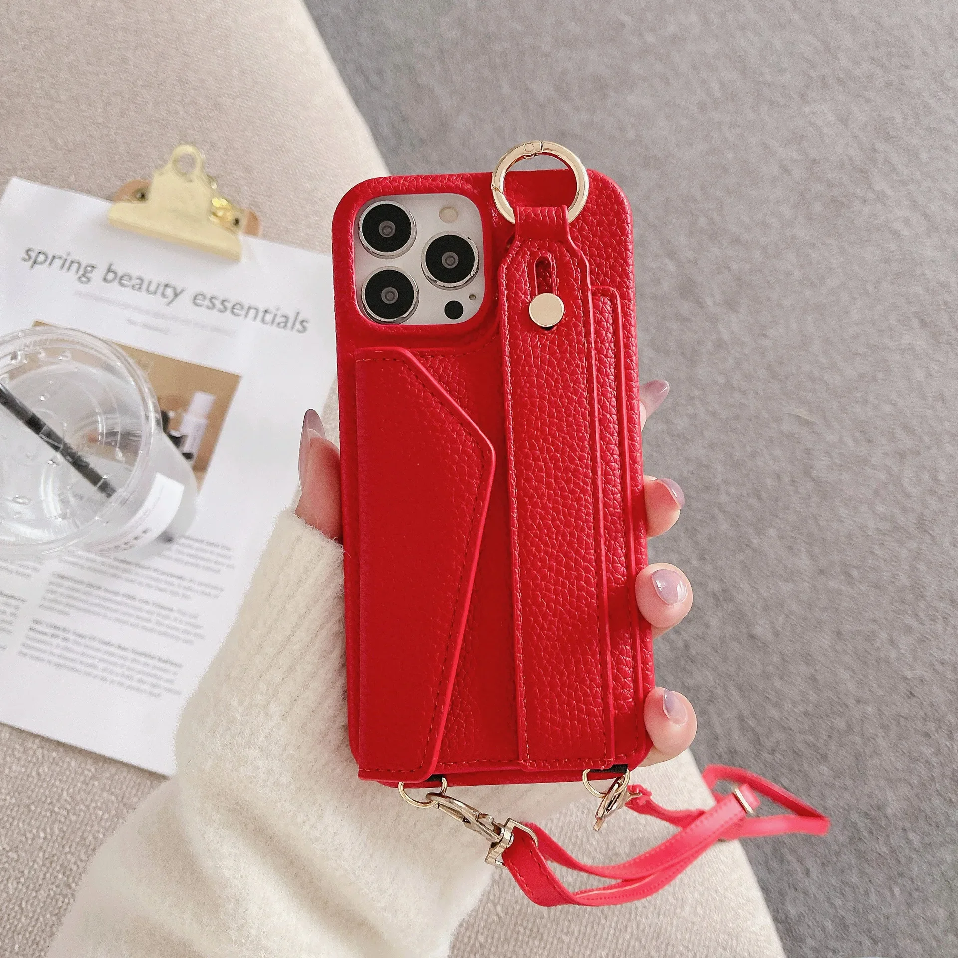Luxurious Leather Crossbody Wristlet Phone Case with Card Slot and Lanyard