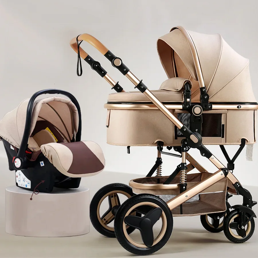 3-in-1high landscape baby stroller that can be seated or reclined,one click folding and folding,two-way shock-absorbing handcart